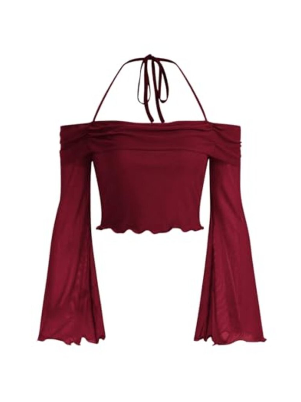 Off Shoulder Sheer Mesh Bell Sleeve Ruched Halter Crop Top